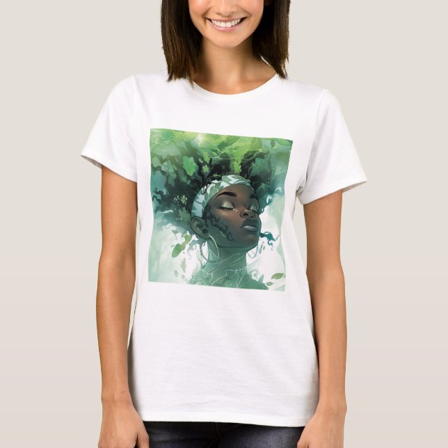 Beautiful Black Woman Floating in Water w/ Plants T-Shirt (Front)