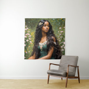 Beautiful Black Woman Floral Portrait Tapestry