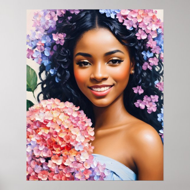 Beautiful Black Woman Hydrangeas Portrait Poster (Front)