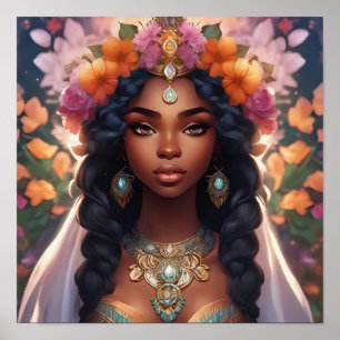 Beautiful Black Woman Wearing a Floral Crown Poster