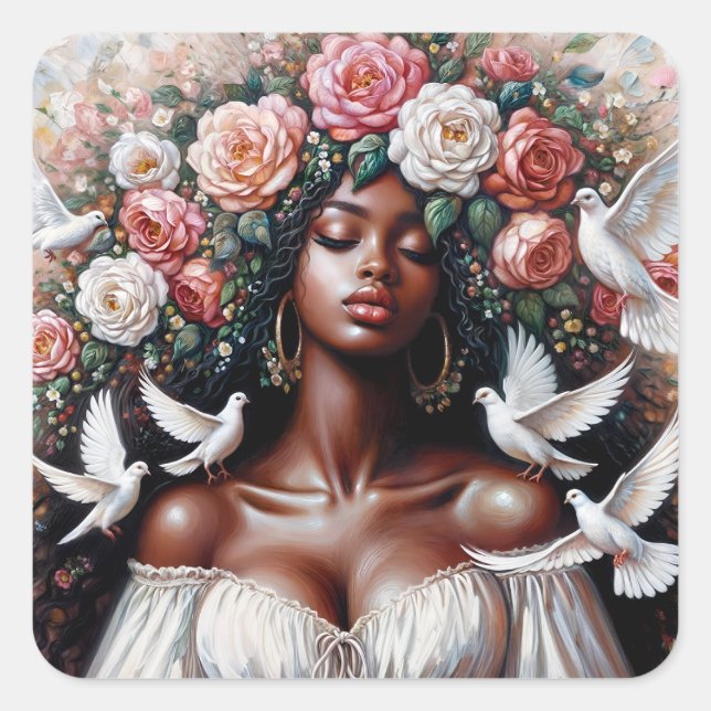 Beautiful Black Woman With Doves Floral Art Square Sticker (Front)