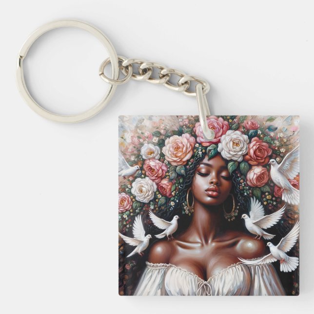 Beautiful Black Woman With Doves Floral Key Ring (Front)