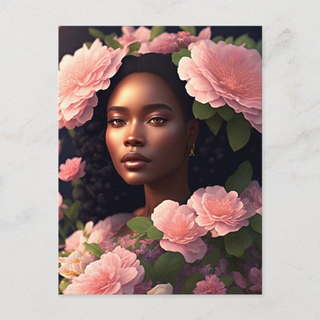Beautiful Black Woman With Pink Flowers Postcard (Front)