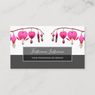 Beautiful bleeding hearts blossoms on grey business card