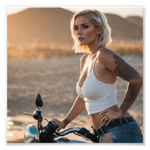 Beautiful Blonde Biker Babe in Desert Photo Print