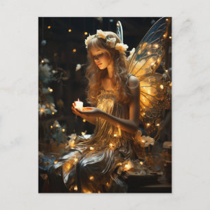 Beautiful Blonde Fairy Glowing Wings Fireflies Postcard