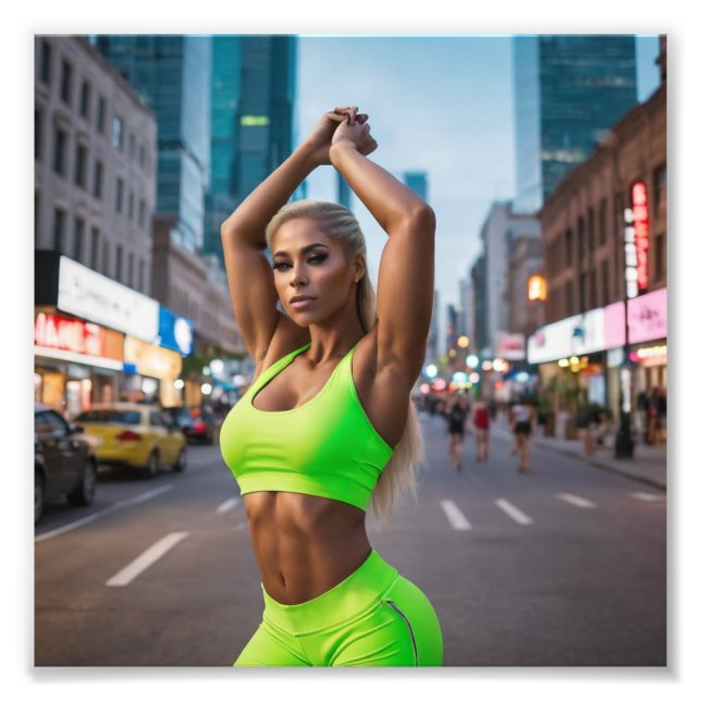 Beautiful Blonde Fitness Girl Posing in Neon Green Photo Print (Front)