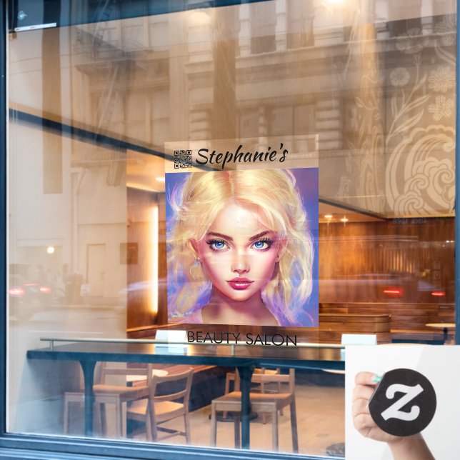 Beautiful Blonde Girl Beauty Salon With QR Code Window Cling (Cafe Window)