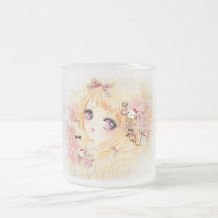 Beautiful blonde girl with roses frosted glass coffee mug