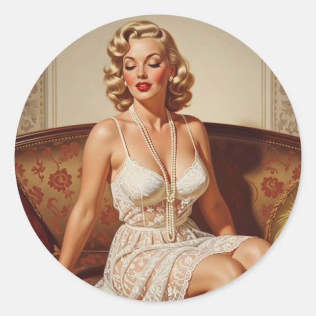 Beautiful blonde pin-up 50's art classic round sticker (Front)
