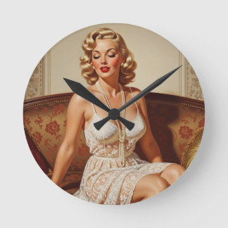 Beautiful blonde pin-up 50's art round clock