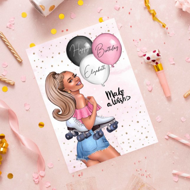 Beautiful Blonde Roller Girl Happy Birthday Holiday Card (Creator Uploaded)