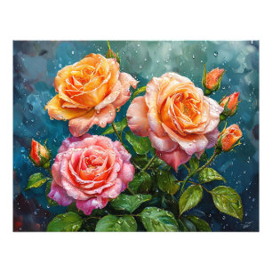 Beautiful Blooming Roses with Water Droplets Photo Print