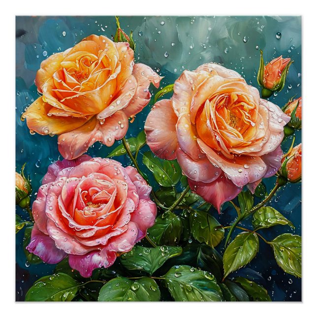 Beautiful Blooming Roses with Water Droplets Poster (Front)