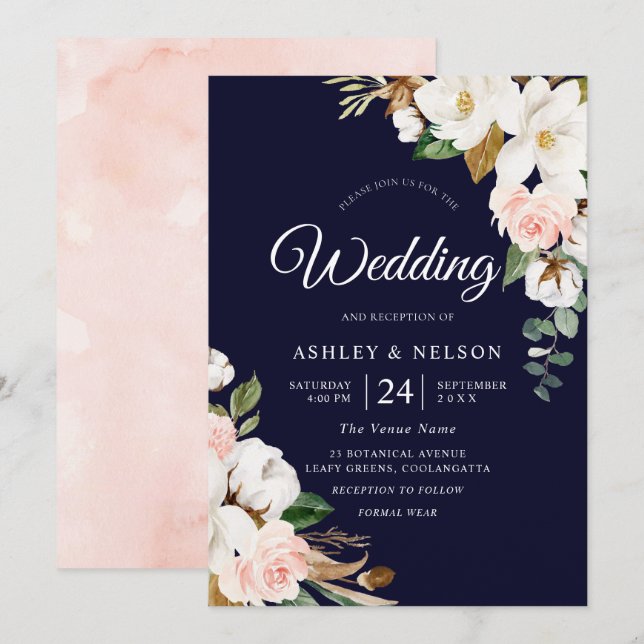 Beautiful Blooming White & Blush Floral Wedding Invitation (Front/Back)