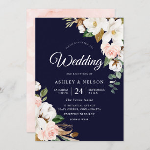 Beautiful Blooming White & Blush Floral Wedding Invitation