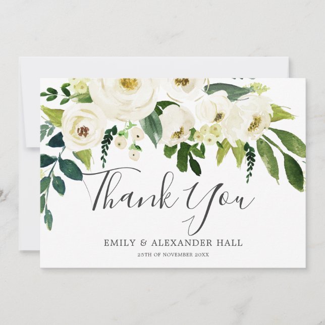 Beautiful Blooming White Floral Elegant Wedding Thank You Card (Front)