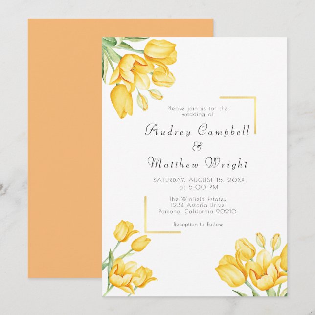 Beautiful Blooming Yellow Tulip Wedding Invitation (Front/Back)