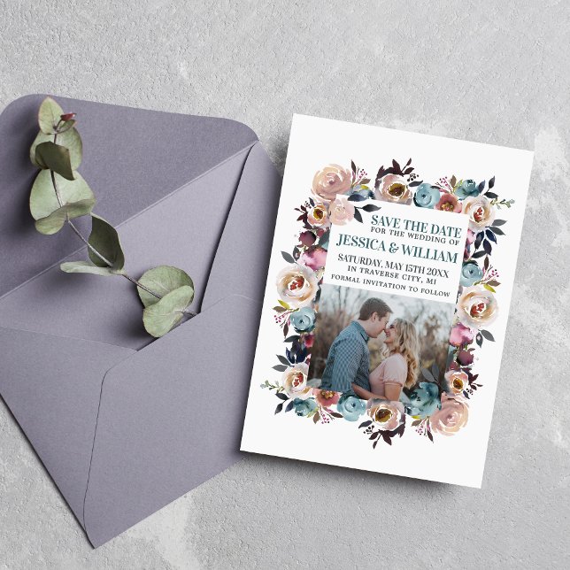 Beautiful Blooms Floral Spring Pastel Teal Photo Save The Date (Creator Uploaded)