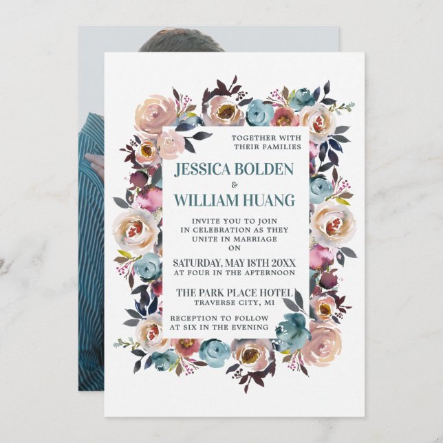 Beautiful Blooms Floral Spring Pastel Teal Wedding Invitation (Front/Back)