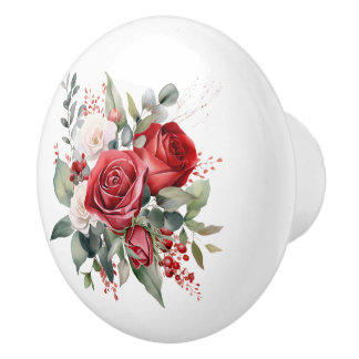 Beautiful Blooms of Red and White Roses Ceramic Knob