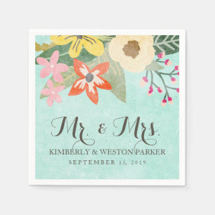 Beautiful Blooms Watercolor Floral Wedding / Aqua Napkin