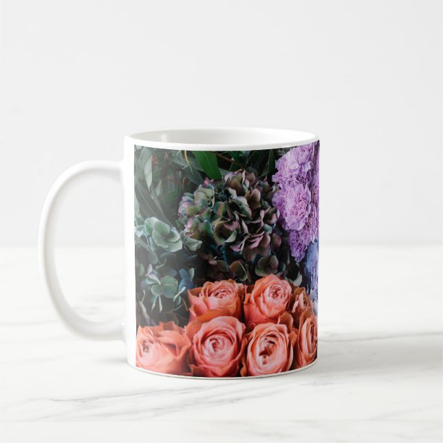 Beautiful blossoming flowers (roses, hydrangeas, c coffee mug (Left)