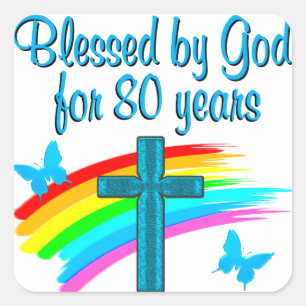 BEAUTIFUL BLUE 80TH BIRTHDAY CHRISTIAN DESIGN SQUARE STICKER