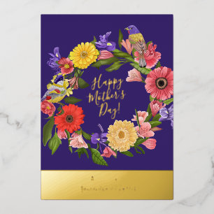 Beautiful Blue and Gold Floral Mother's Day  Foil  Foil Holiday Card