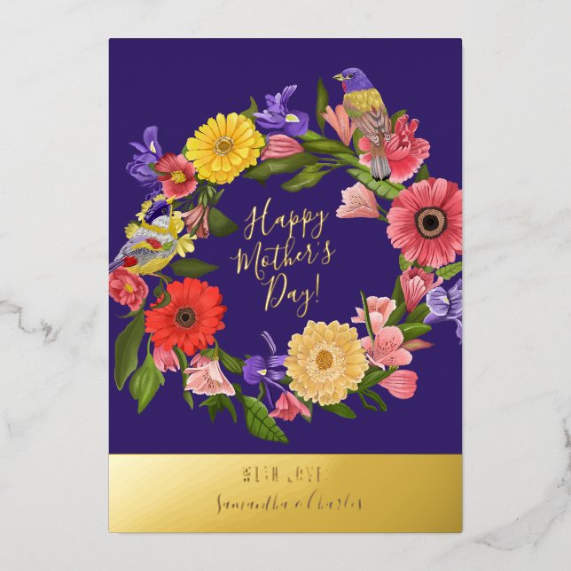 Beautiful Blue and Gold Floral Mother's Day  Foil  Foil Holiday Card (Front)