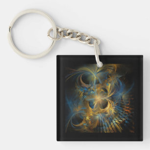 Beautiful Blue And Gold Fractal Key Ring