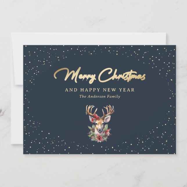 Beautiful Blue and Gold Snow Reindeer Christmas Holiday Card (Front)