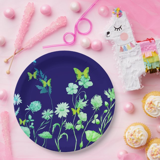 Beautiful blue and green floral and butterfly  paper plate (Party)