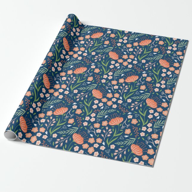 Beautiful Blue and Orange Floral Wrapping Paper (Unrolled)