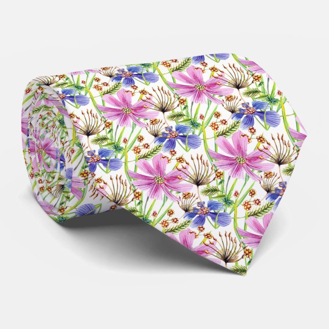 Beautiful Blue and Pink Cosmos Flowers Tie (Rolled)
