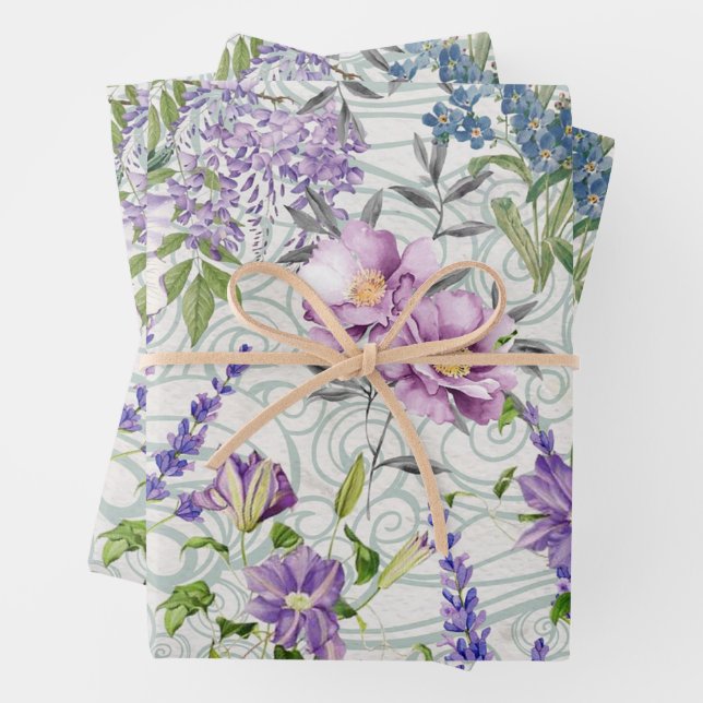 Beautiful Blue and Purple Flowers Nature Botanical Wrapping Paper Sheet (In situ)
