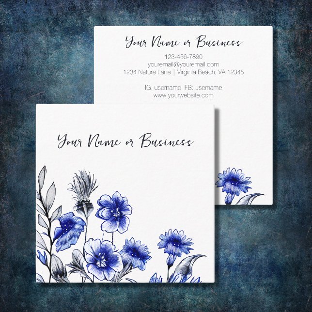 Beautiful Blue and White Flower Sketch Square Business Card (Creator Uploaded)