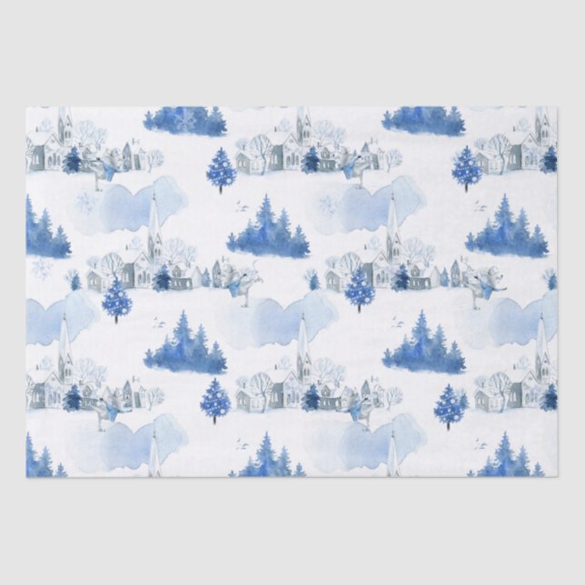 Beautiful Blue and White Mouse Village Holiday Tissue Paper (Front)