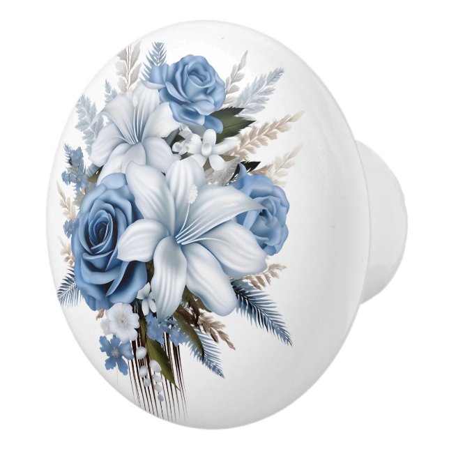 Beautiful Blue and White Roses Lilies Ceramic Knob (Right)