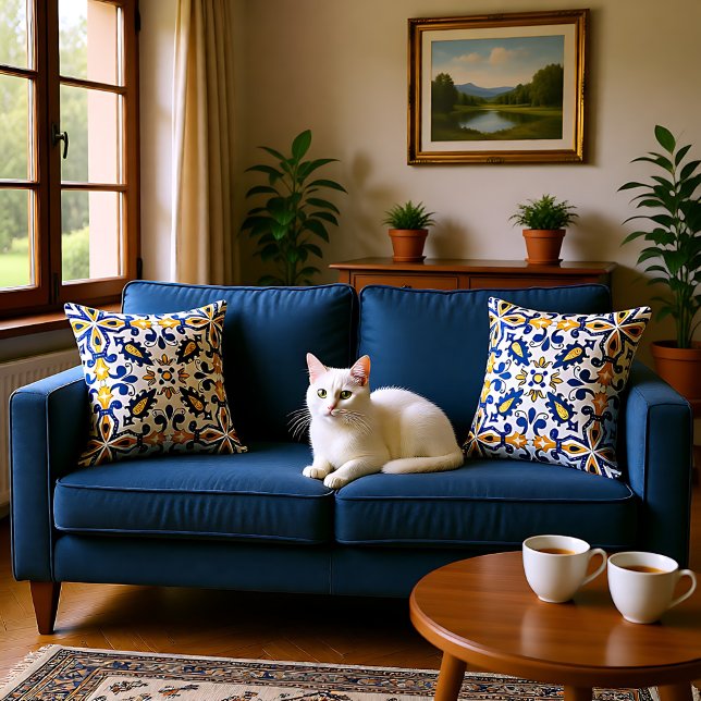 💙💛 Beautiful blue and yellow Azulejos,  Cushion (💙💛 Beautiful blue and yellow Azulejos, Throw Pillow)