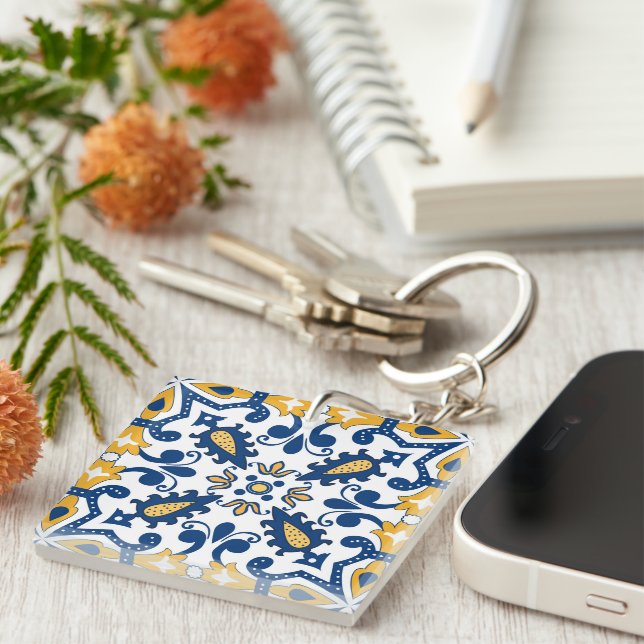 💙💛 Beautiful blue and yellow Azulejos,   Key Ring (Front Right)