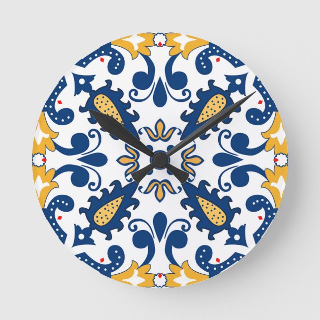 💙💛 Beautiful blue and yellow Azulejos,  Round Clock (Front)