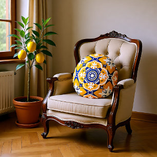 💛💙🤍 Beautiful blue and yellow Azulejos Round Cushion