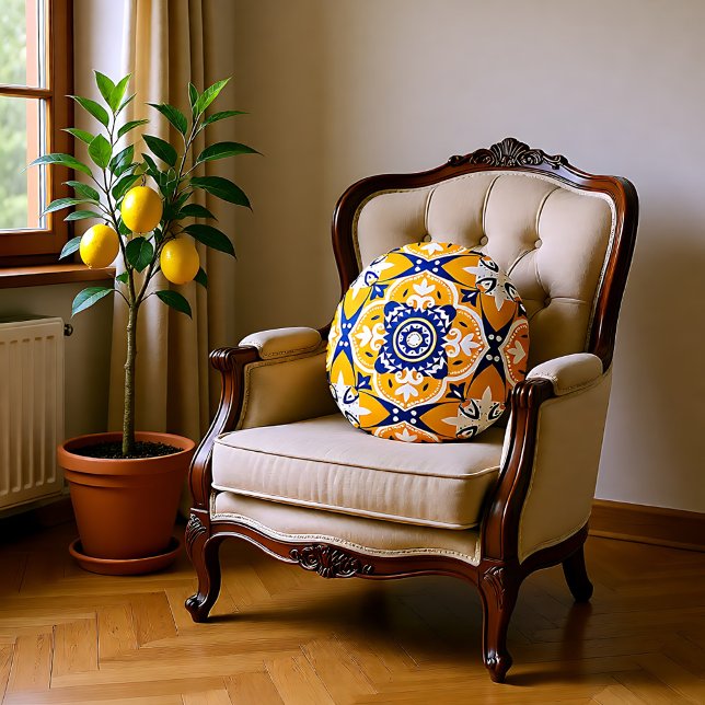 💛💙🤍 Beautiful blue and yellow Azulejos Round Cushion (Beautiful blue and yellow Azulejos Round Pillow)