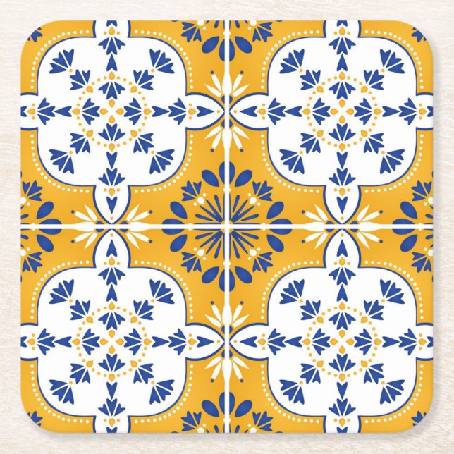 Beautiful Blue and yellow Portuguese Azulejo Square Paper Coaster (Front)