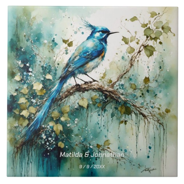 Beautiful Blue Bird. Names & Wedding Date editable Tile (Front)
