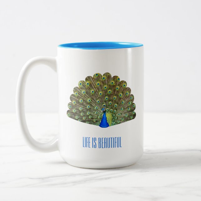 Beautiful Blue Bird Peacock Two-Tone Coffee Mug (Left)