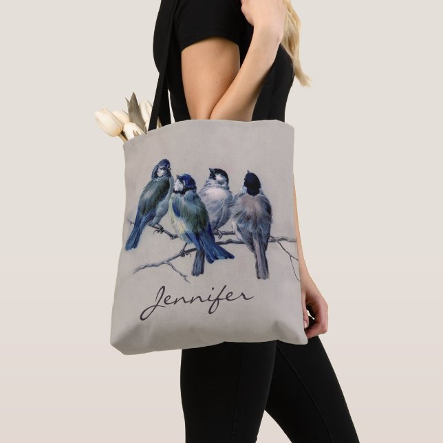 Beautiful Blue Birds Personalised Custom name Tote Bag (Close Up)