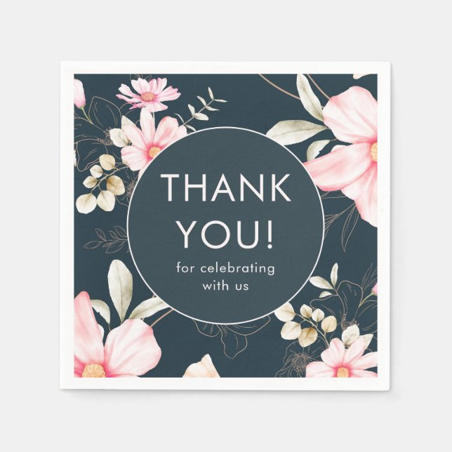 Beautiful Blue Blush Floral Thank You Wedding Napkin (Front)