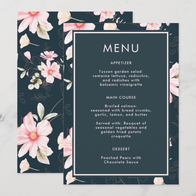 Beautiful Blue Blush Floral Wedding Menu (Front/Back)
